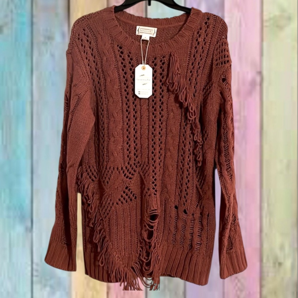 Love Richie Rust Brick Distressed Cable Knit Sweater Top NWT - Picture 1 of 14